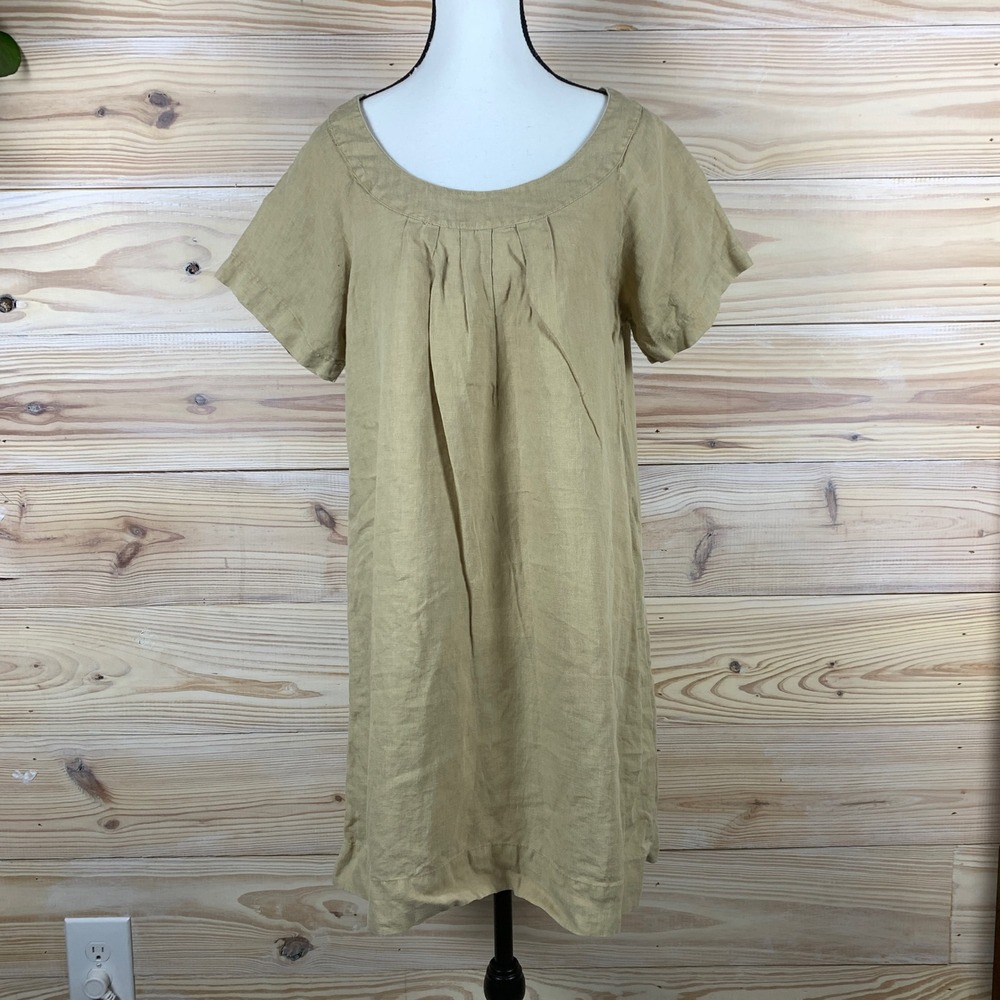 Allen Allen Linen Shift Dress Womens Large Tan Scoop‎ Neck Pleated Short Sleeve